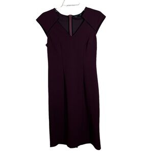Noir Burgundy Black Trim Cap Sleeve V-Neck Career Sheath Dress Women's Size XS